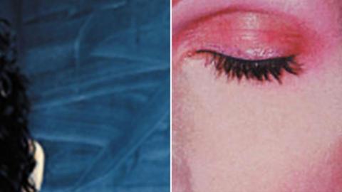 Composite of two close-ups of album covers, with some long black hair visible in one and a closed eye visible in the other