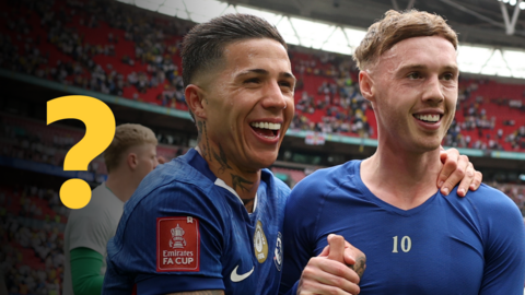 Enzo Fernandez celebrates a win with Chelsea team-mate Cole Palmer after an FA Cup semi-final at Wembley
