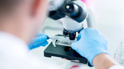 Looking over the shoulder of a researcher in a medical lab, wearing blue latex gloves and holding a specimen under a scientific microscope.