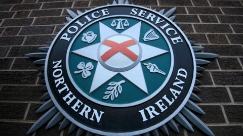 The PSNI emblem on a brick wall. Saint Patrick's satire is in the centre of a star shape, surrounded by scales, a harp, a torch, a leaf, a shamrock and a crown.