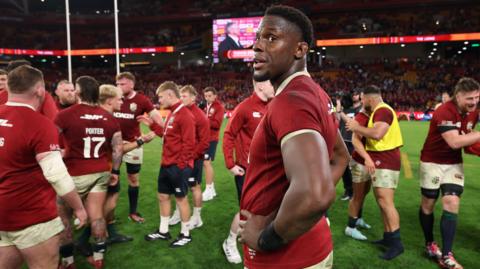 Maro Itoje looks on after Lions' first-Test win over Australia