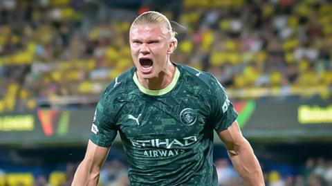 Manchester City's Erling Haaland celebrates scoring against Villarreal