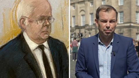 A composite image. On the left a court sketch of Murrell who has short grey hair and glasses. On the right, a man with short brown hair wears a blue suit as he speaks to the camera