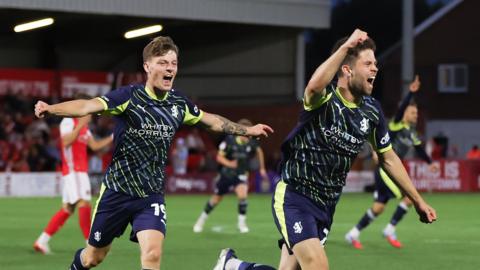 Calum Agius celebrates scoring for Crewe at Fleetwood
