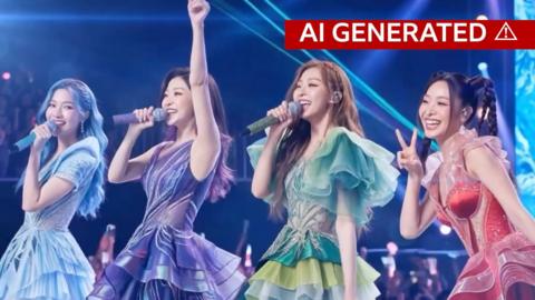 An AI generated image of a K-pop girl group singing on stage