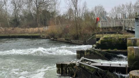 A river scene with the water bubbling on the surface as it comes from under a bridge. A bridge crosses over the water with a tree line seen in the background under grey skies.