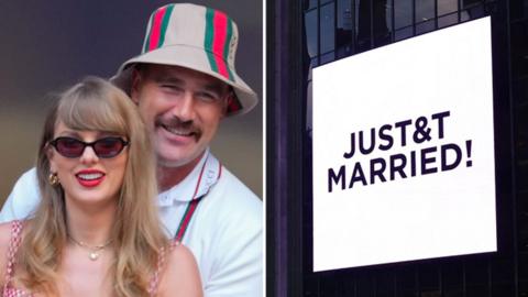 Taylor Swift and Travis Kelce smiling at an event prior to their wedding and a 'Just&t Married' sign at Madison Square Gardens, where their celebration was held