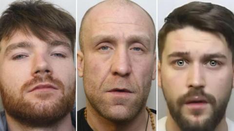 Mugshots of three of the convicted:  Curtis Coburn, 25, Karl Richardson, 36 and Zack Wildman, 27