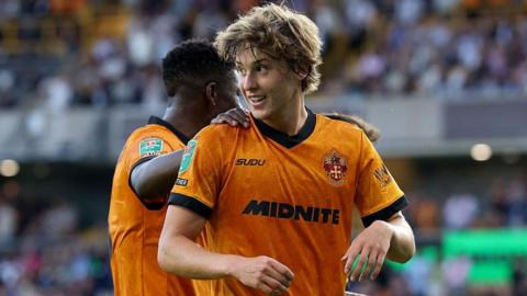 Fer Lopez celebrates scoring for Wolves against Port Vale in the Carabao Cup