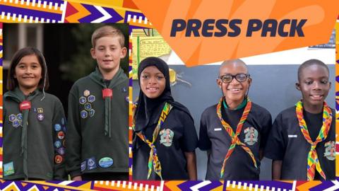 Two UK cubs and three scouts in Ghana on a colourful background