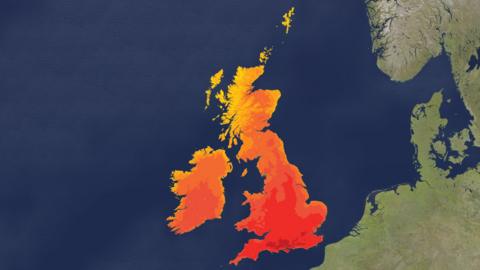 UK weather map. it is amber coloured at the top for Northern Scotland moving through orange to red from the Midlands to the South.