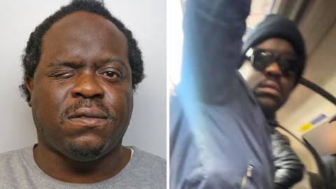 Two images of Simon Levy. On the left is a mugshot of him in British Transport Police custody and the other is him captured on someone's phone on a London tube