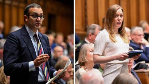 A composite image of two MPs speaking in the House of Commons - Dr Neil Shastri-Hurst on the left is wearing a suit jacket with a multi-coloured tie and glasses. Sarah Edwards on the right is wearing a white outfit. 