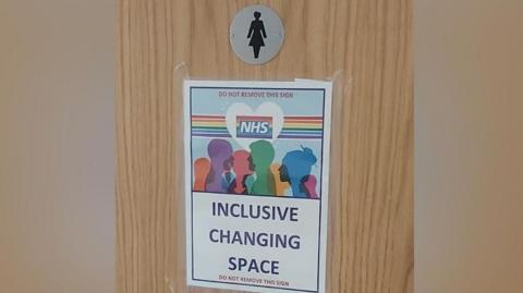 Several signs on a brown wooden door. The top one reads "female staff changing" in blue letters on a white background. beneath is a silver disc with the black shape of a woman. At the bottom is a sheet of A4 with a rainbow NHS logo and the words "inclusive changing space" in large letters and "do not remove this sign" in red letters at the top and bottom