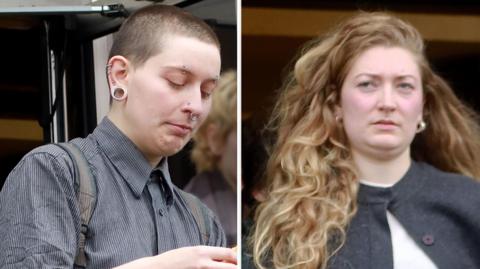 Separate pictures of women leaving Glasgow Sheriff Court. Martin has ling curled hair and Tayolr has a shaven head