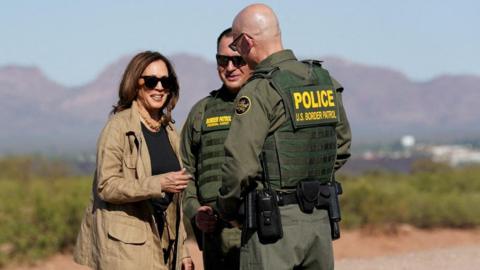 Democratic presidential nominee and U.S. Vice President Kamala Harris tours the border wall with Border Patrol agents