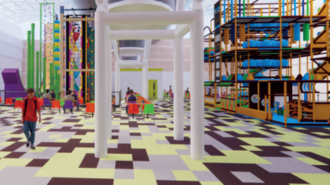 A computer-generated depiction of a brightly coloured climbing centre. A climbing wall can be seen to the left and a four-level soft play area with balls and punching bags are seen on the right. There are chairs and tables with visitors sat around.