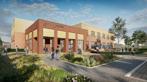 Artist's impression of the new centre. It is large and square made from red bricks with giant windows, and a landscaped garden and paths in front with people walking on them.
