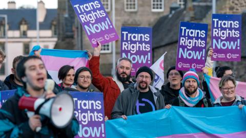 Supporters of the Gender Recognition Reform Bill (Scotland) take part in a protest outside the Scottish Parliament, Edinburgh, ahead of a debate on the bill