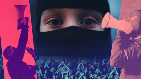 Graphics of masked men yelling through megaphones overlayed on top of a young boy's balaclava-clad face