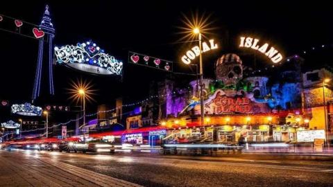 General shot of Blackpool Illuminations at night, with an array of lights in many different colours.