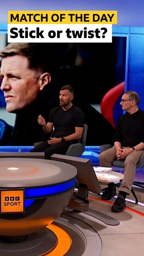 MOTD pundits Ben Foster and Pat Nevin in front of a TV screen featuring Eddie Howe