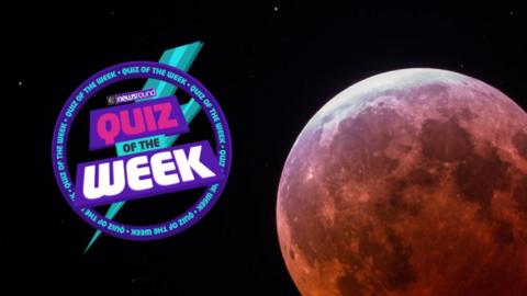 Quiz of the week logo pictured alongside a close up of the Blood Moon, which appears close up and red in colour