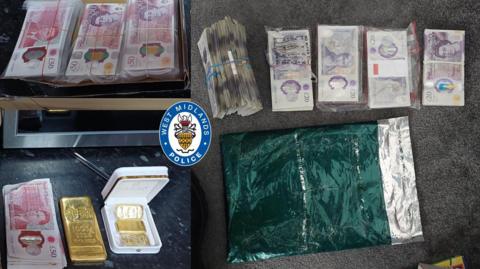 An image split into three, with each showing large amounts of cash stacked up. One of the images also shows gold bars, while another shows a green metallic bag. There is a West Midlands Police logo in the middle.