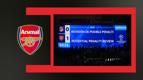 Image of screen showing VAR reviewing potential penalty on black and red background with Arsenal badge graphic