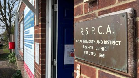 The RSPCA veterinary clinic in Great Yarmouth with its brass plaque, bearing the engraved words: "R.S.P.C.A. Great Yarmouth and District Branch Clinic; erected 1961". The picture shows a blue door, which is open, and non-readable signage which gives detail of the service, and a window protected with a grill on the outside of the property. Beyond that is a red dog poo bin, and trees, a fence and a hedgerow.