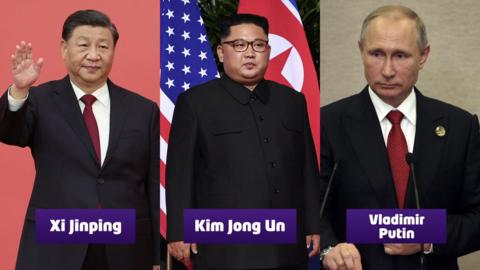 The photograph collection is split into three column. Xi Jinping is on the left, Kim Jon Un in the middle and Vladimir Putin on the right. They all wear suits and have serious expressions.
