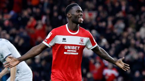 Middlesbrough's Emmanuel Latte Lath celebrates after scoring the opening goal during the Sky Bet Championship match at the Riverside Stadium, Middlesbrough. Picture date: Saturday December 14, 2024.