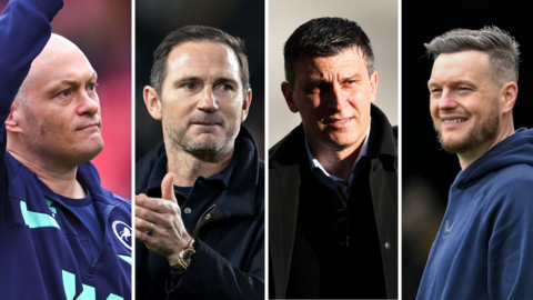 Side-by-side close-up photos of the nominated managers from left to right: Alex Neil, Frank Lampard, Sergej Jakirovic and Kim Hellberg.