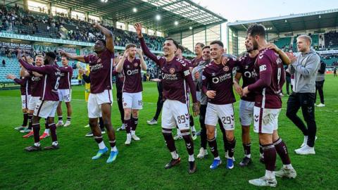  Hearts players celebrate after their Premiership match between Hibernian and Heart of Midlothian.