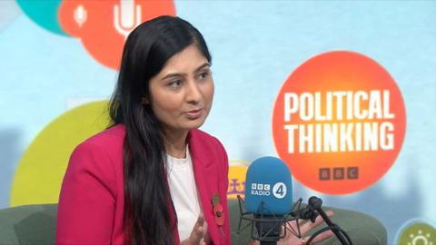Zarah Sultana speaks into a Radio 4 microphone, in front of a background branded with the Political Thinking logo.