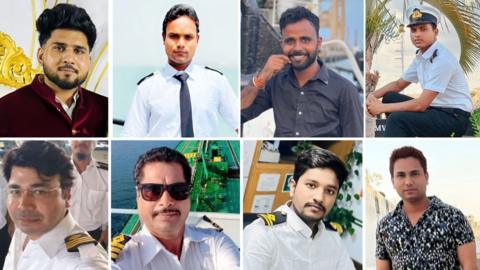 A composite photo of eight of the 16 crew members who were on board the oil tanker seized by Iran last month.