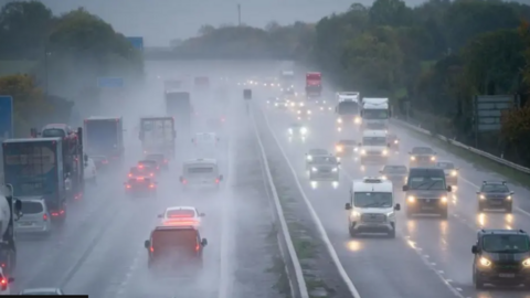 A motorway at dusk with lots of traffic in wet weather conditions with rain and spray reducing visibility