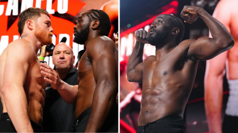 Split image of Canelo Alvarez facing off with Terence Crawford and Crawford weighing in with ripped muscles