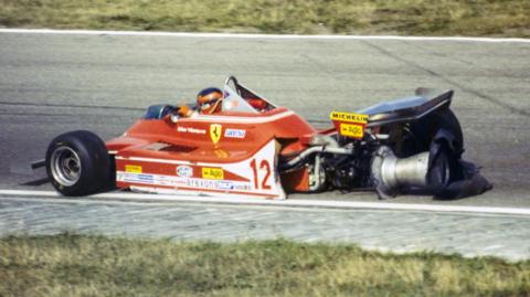 At the 1979 Dutch Grand Prix, Gilles Villeneuve drives his Ferrari with a shredded left rear wheel barely hanging on to his car