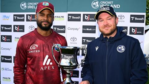West Indies captain Shai Hope and Ireland skipper Paul Stirling with the ODI series trophy after the series was drawn