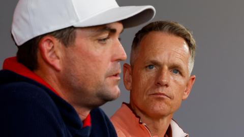 US Ryder Cup captain Keegan Bradley and his European counterpart Luke Donald speaking at a news conference on Monday at Bethpage
