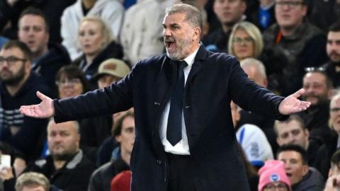 Tottenham manager Ange Postecoglou reacts during their defeat to Brighton