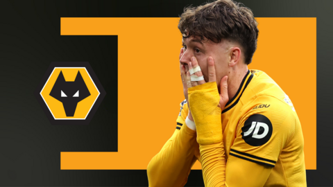 Jorgen Strand Larsen in front of an orange background and a Wolves crest