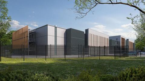 Artist's impression of the new building. It is made of different cube-shaped blocks and has green grass around it.