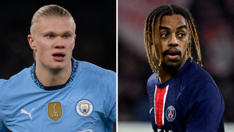 A split graphic of Manchester City's Erling Haaland and PSG's Bradley Barcola