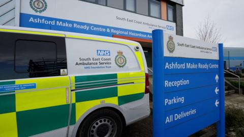 A South East Coast Ambulance Service ambulance outside their Make Ready Centre in Ashford, Kent