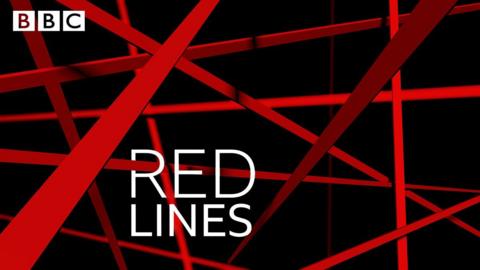 A graphic promoting the Red Lines podcast - it shows the name of the show in a white font, with red lines cutting across the image at different angles