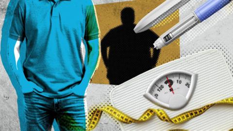 An illustration depicting weight-loss jabs. On the left of the image is a man, behind him is the shadow of a much heavier man. In the foreground on the right a dress-maker's tape measure lies over the top of a pair of bathroom scales. Above that are two weight-loss injection pens. 