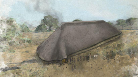 The watercolour-style illustration shows a long, thatched roof building with smoke rising from one end of the roof. A group of people stand near the hall.