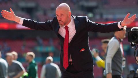 Erik ten Hag celebrates after winning the FA Cup